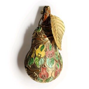Vintage Cloisonné Pear Ornament Enamel Brass Fruit Design Gold Leaf Accent